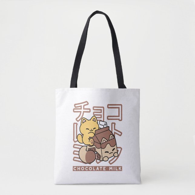 Cute Cat Riding Chocolate Milk Carton Kawaii Art Tote Bag (Front)