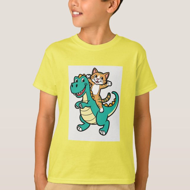 Cute Cat Riding Smiling Dinosaur T-Shirt (Front)