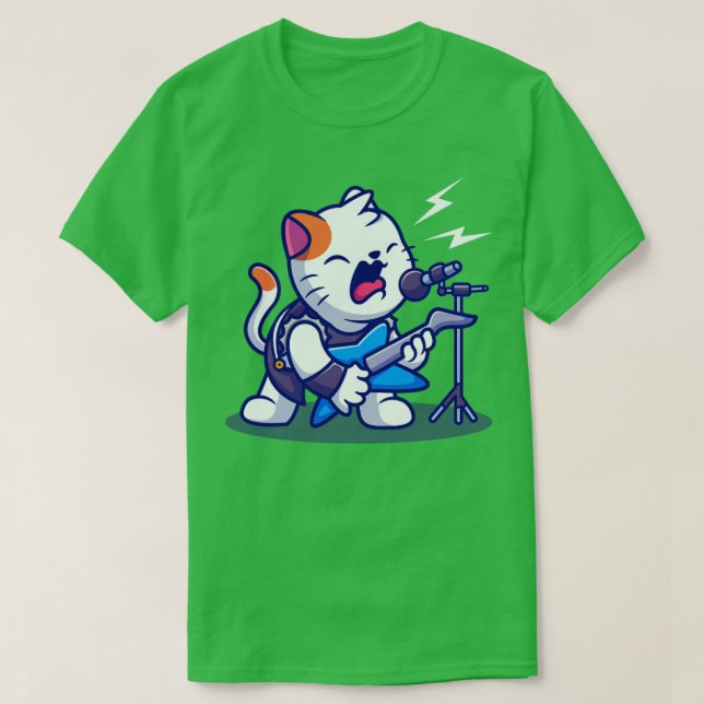 Cute Cat Rocker With Guitar Cartoon T-Shirt (Design Front)