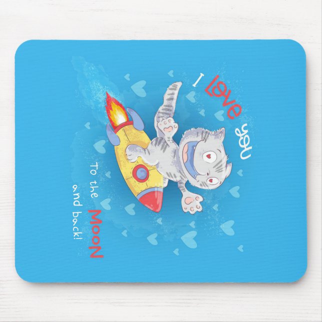 Cute Cat Rocket Blanket Cat Moon And Back Mouse Pad (Front)