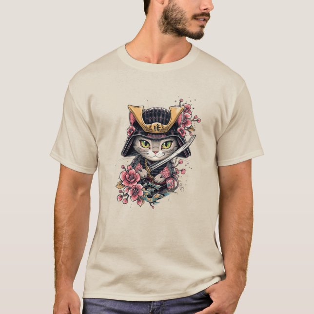 Cute Cat Samurai Cherry Blossom Art T-Shirt (Front)