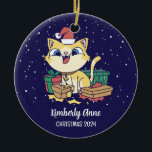Cute Cat Santa Christmas Snowy Winter Holiday Ceramic Tree Decoration<br><div class="desc">Cute cartoon animal ornament for kids and children. Perfect for first Christmas celebration with family. You can customise the text for any occasion.</div>