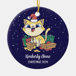 Cute Cat Santa Christmas Snowy Winter Holiday Ceramic Tree Decoration