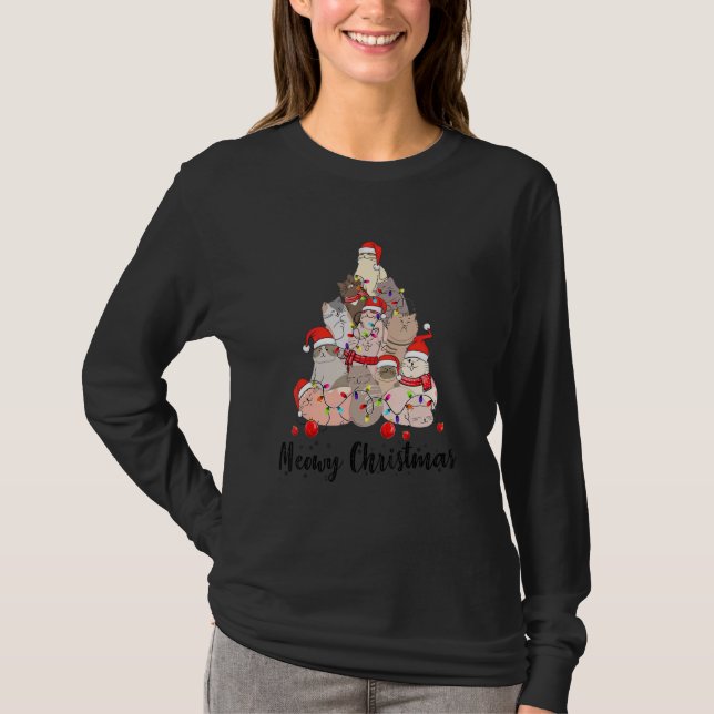 Cute Cat Santa Hat Christmas Tree Cat  Meowy Xmas T-Shirt (Front)