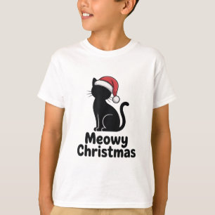 Cute Cat Santa Hat Pun Meowy Christmas T-Shirt
