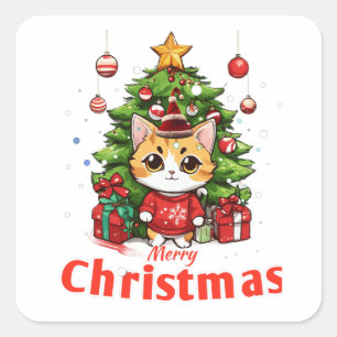 Cute Cat say's merry Christmas Square Sticker