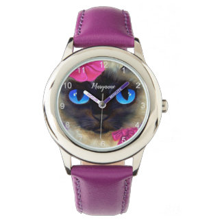 Cute Cat Siamese Face Add Name Purple Illustration Watch