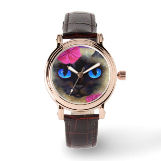 Cute Cat Siamese Face Illustration Wrist Watch