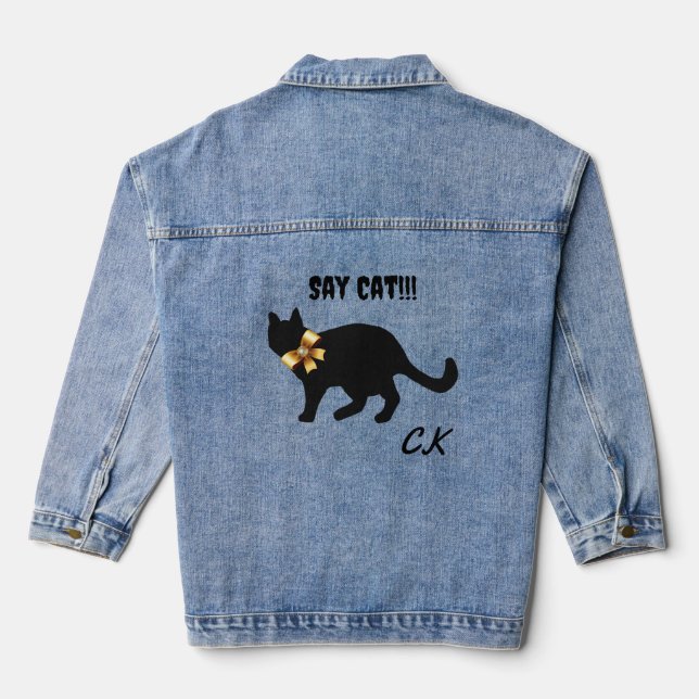 Cute Cat Silhouette with Gold Jewel Bow Denim Jacket (Back)