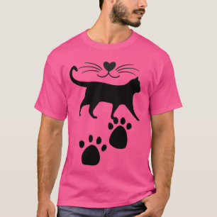Cute Cat Silhouette with Heart Nose and Paw Prints T-Shirt