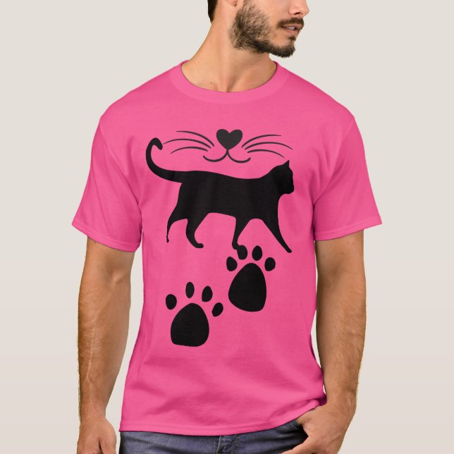 Cute Cat Silhouette with Heart Nose and Paw Prints T-Shirt (Front)