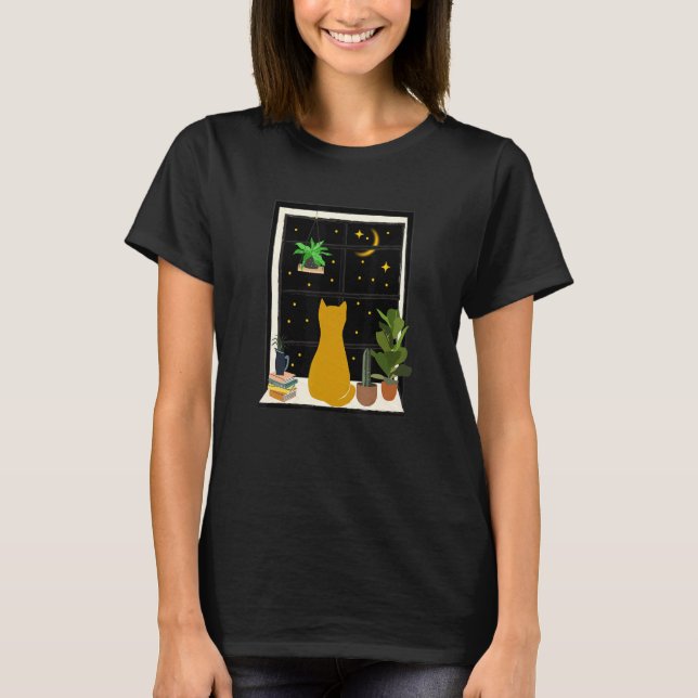 Cute Cat Sit By Window Artwork Graphic  Cat T-Shirt (Front)