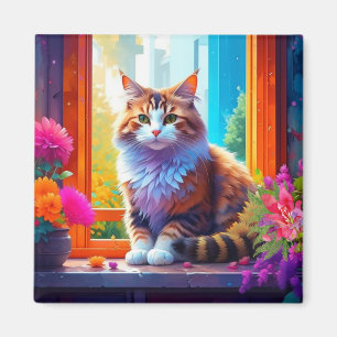 Cute Cat Sitting in City Window Ai Art Magnet