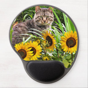 Cute Cat Sitting in Sunflfower Garden Gel Mousepad