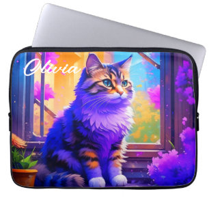 Cute Cat Sitting in Window Ai Art Laptop Sleeve