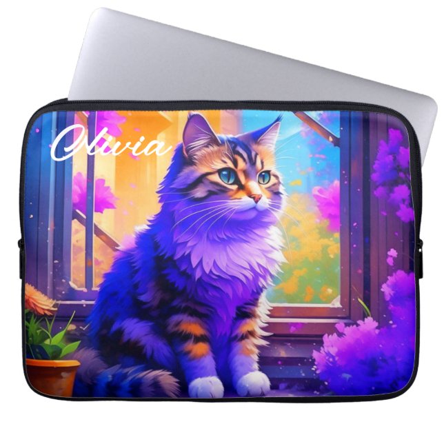 Cute Cat Sitting in Window Ai Art Laptop Sleeve (Front)
