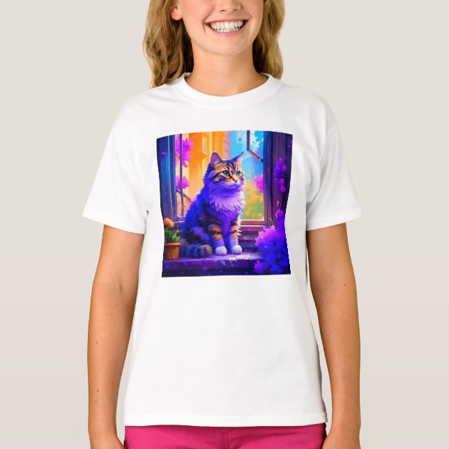 Cute Cat Sitting in Window Ai Art T-Shirt (Front)