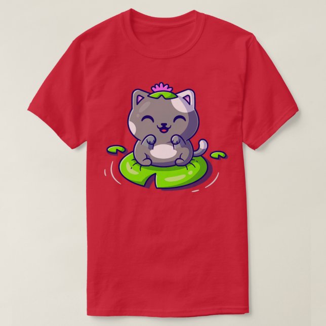 Cute Cat Sitting On Leaf Cartoon Vector Icon Illus T-Shirt (Design Front)