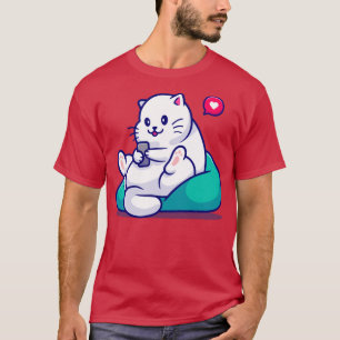 Cute Cat Sitting Playing Phone Cartoon T-Shirt