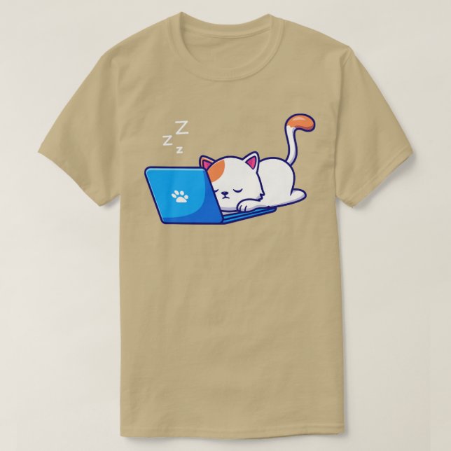 Cute Cat Sleeping And Working On Laptop T-Shirt (Design Front)