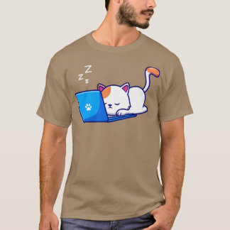 Cute Cat Sleeping And Working On Laptop T-Shirt