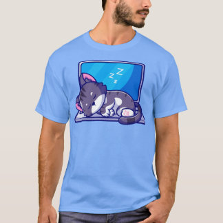 Cute Cat Sleeping On Laptop Cartoon T-Shirt