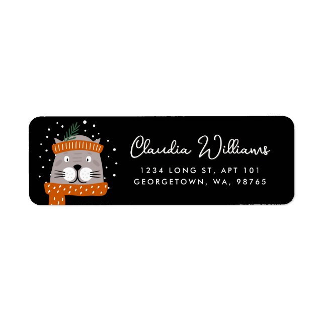 Cute Cat & Snowflakes Winter Black Return Address (Front)