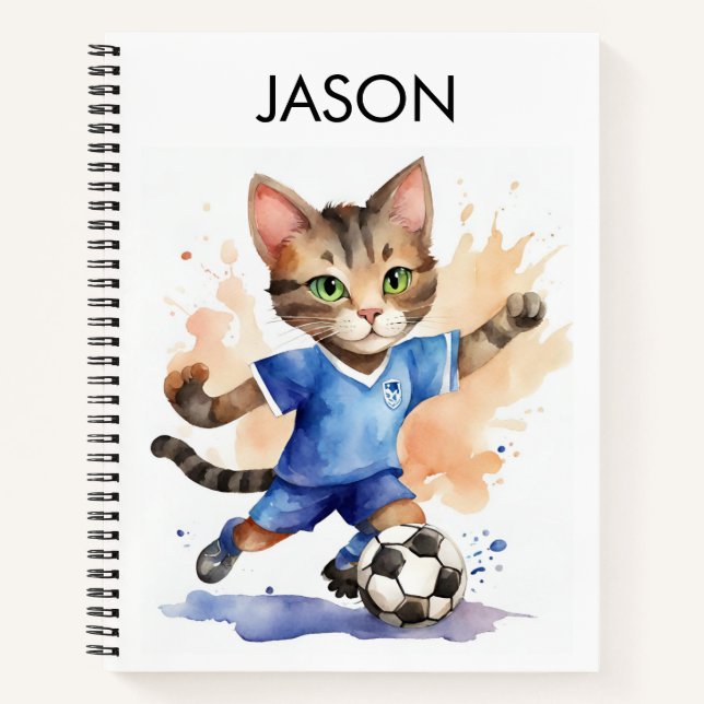 Cute Cat Soccer Themed Personalised Notebook  (Front)