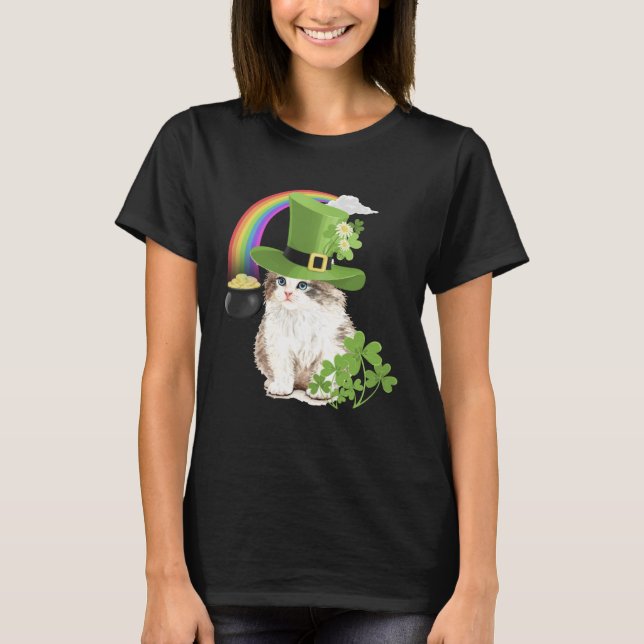 Cute Cat  St Patricks Day Shamrock Rainbow Patty K T-Shirt (Front)