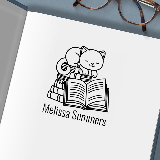 Cute Cat Stack of Books Custom Name Bookplate Self-inking Stamp (Creator Uploaded)