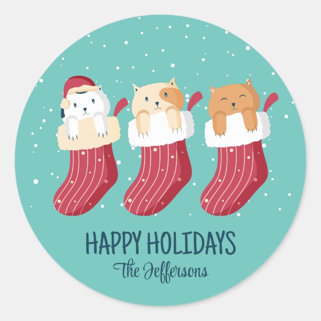 Cute Cat Stockings Christmas Snowy Winter Holiday Classic Round Sticker (Front)