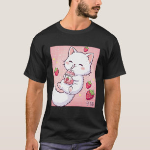 Cute Cat Strawberry Milk Retro Japanese Kawaii Art T-Shirt