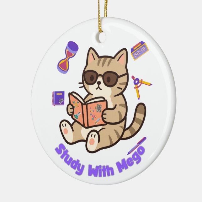 Cute cat studying with sunglasses funny  ceramic tree decoration (Left)
