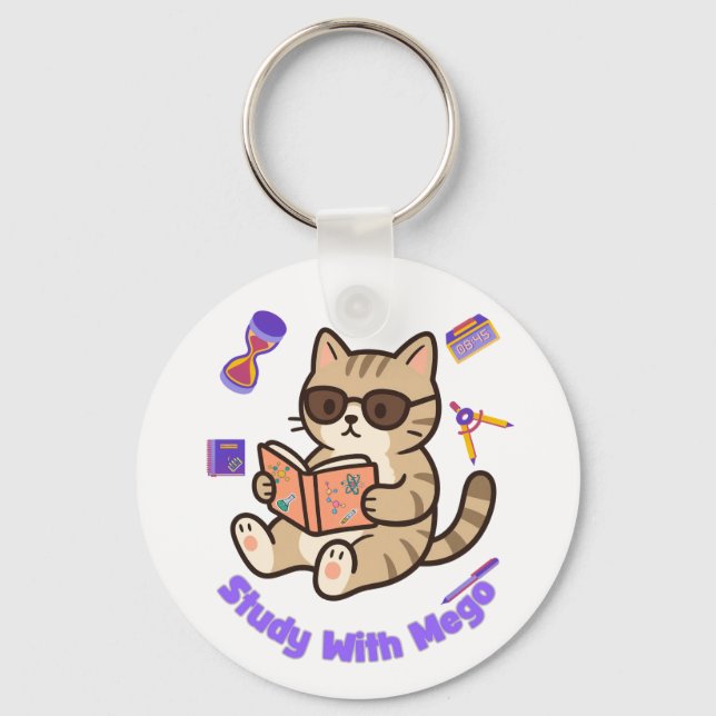 Cute cat studying with sunglasses funny  key ring (Front)