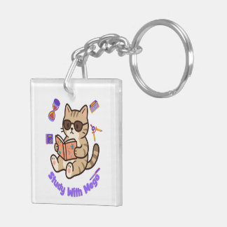 Cute cat studying with sunglasses funny key ring