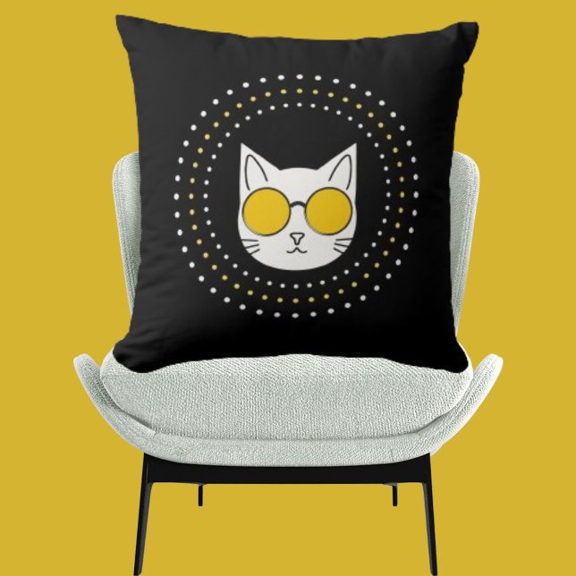 Cute Cat Sunglasses And Dot In Yellow Black White Cushion (Creator Uploaded)