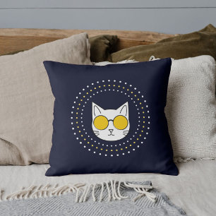 Cute Cat Sunglasses And Dot In Yellow Blue White Cushion