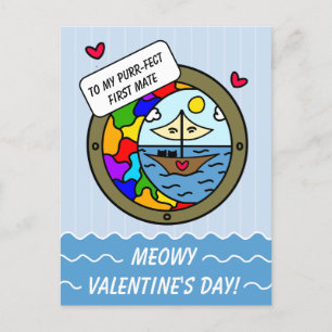 Cute Cat Sweet Adventure Sailboat Valentine Holiday Postcard