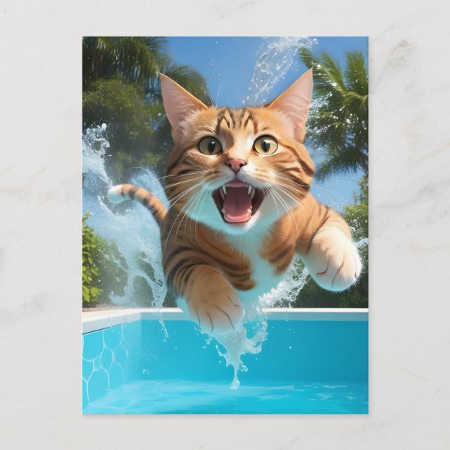 Cute Cat Swimming Diving in Pool Funny Postcard (Front)