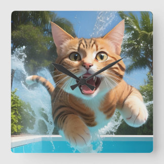 Cute Cat Swimming Diving in Pool Funny Square Wall Clock
