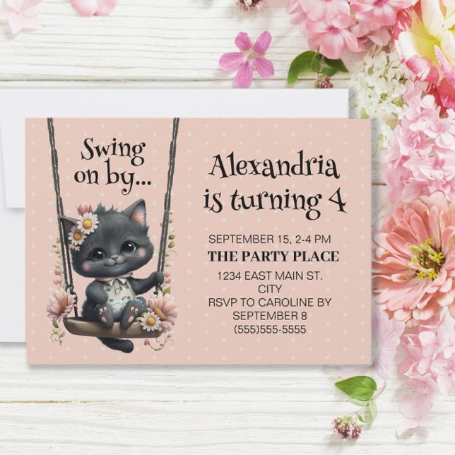 Cute Cat Swing on By Pink Dots Child's Birthday Invitation (Creator Uploaded)