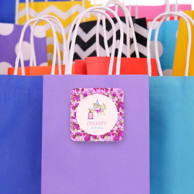 Cute Cat Swiping At Cake With Peonies and Glitter Square Sticker (Creator Uploaded)