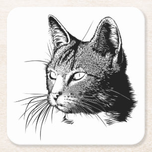 Cute Cat Tabby Kitty Illustration Tiger Kitten Square Paper Coaster