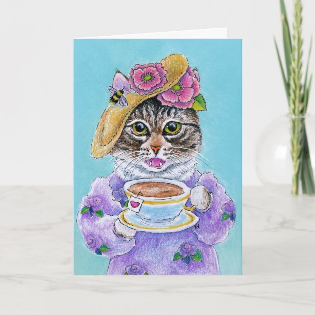 Cute Cat Tea Flowers Bee Love card (Front)