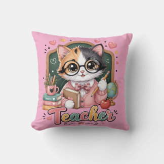 Cute Cat Teacher pink Throw Pillows