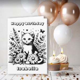 Cute Cat themed Colouring Page Girl's Birthday Card