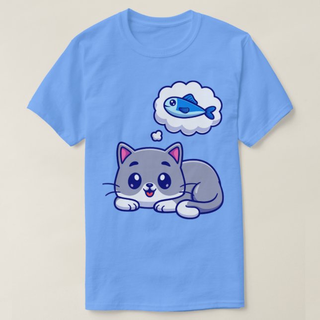 Cute Cat Thinking Fish Cartoon T-Shirt (Design Front)