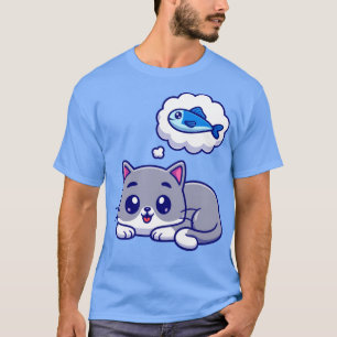 Cute Cat Thinking Fish Cartoon T-Shirt