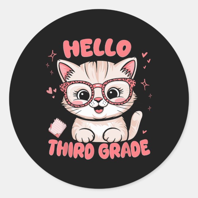 Cute Cat Third 3rd Grade Vibes Back To School Teac Classic Round Sticker (Front)