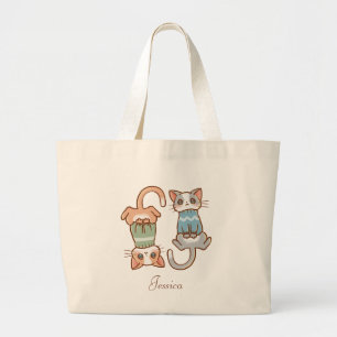 Cute Cat Twins Grey and Orange Kitty Kawaii Large Tote Bag